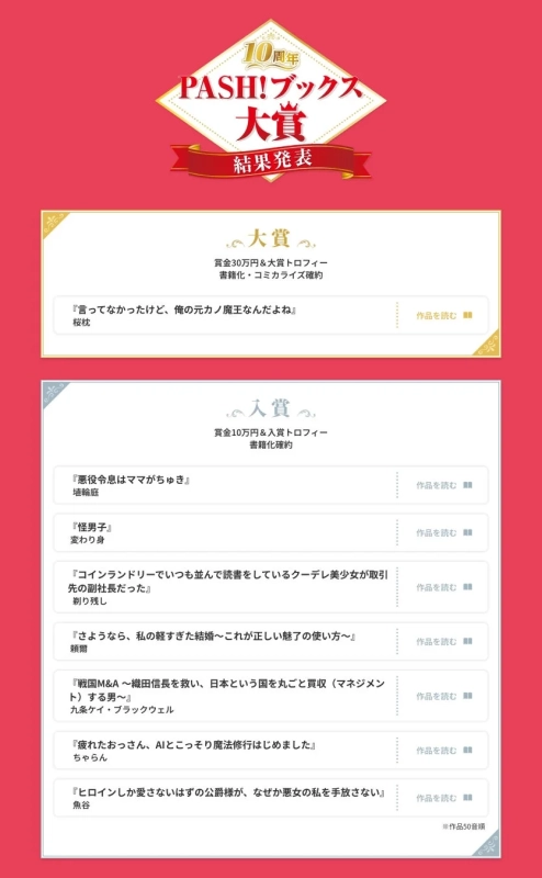 10周年PASH!ブックス大賞 結果発表