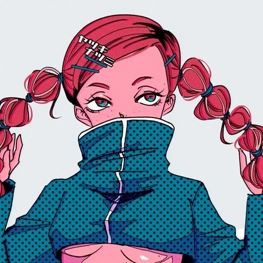 ピンク色のツインテールと水玉模様の青いジャケットを着た、アニメ風の女の子のイラスト