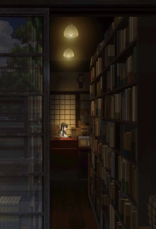 静かな書斎のような空間で、窓の外は夕暮れ、室内では一人の少女が積み上げられた本に囲まれて読書に没頭している様子を描いたイラストです。温かいランプの光が落ち着いた雰囲気を醸し出しています。