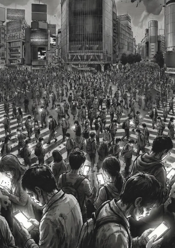 多くの人々で賑わう都市の交差点がモノクロで描かれています。ほとんどの人が下を向き、スマートフォンを見ている様子は、現代社会におけるデジタルデバイスへの依存と人々の孤独感を暗示しています。