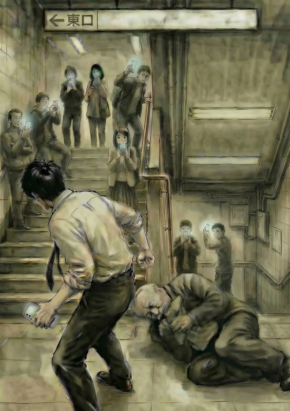 駅の階段で倒れた高齢男性を、周囲の多くの人々がスマートフォンに夢中で無関心に通り過ぎる様子を描いたイラスト。一人の男性が彼に目を向けている。