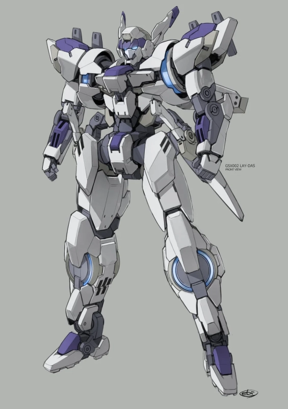 白と紫を基調とした、未来的なデザインのロボット「GSX002 LAY-DAS」が正面から描かれたイラストです。細部にわたるメカニカルな描写が特徴的です。