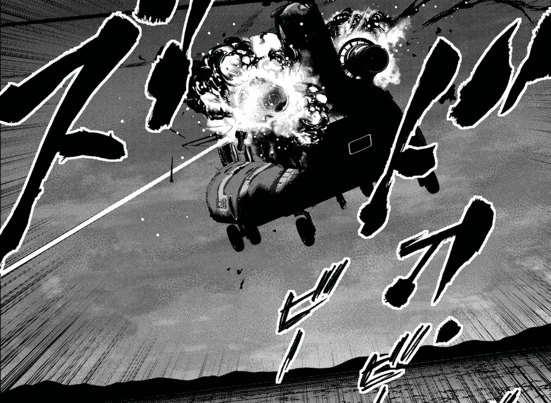 爆発に見舞われた航空機が空中を飛行している様子を描いた漫画の一コマ
