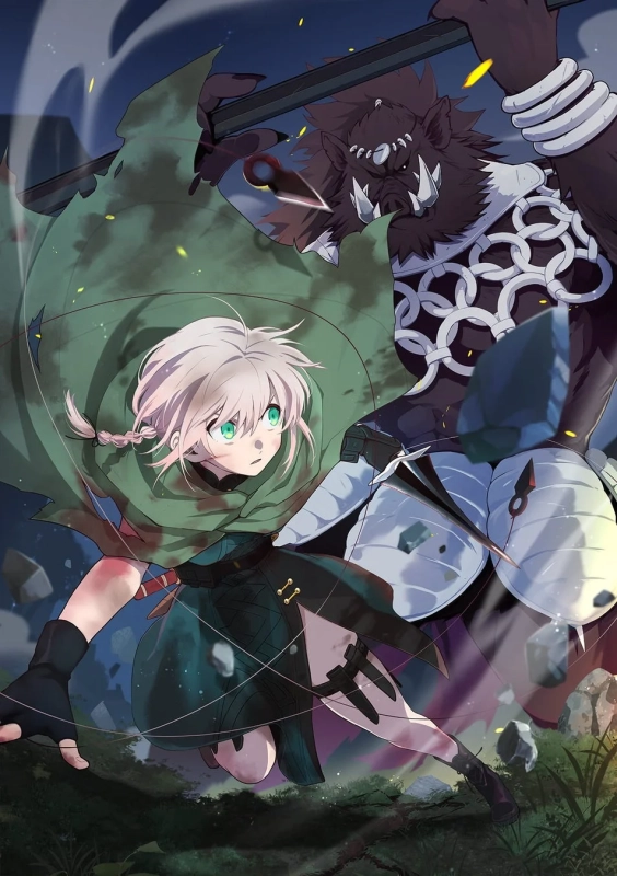 緑のケープをまとった少女が獣人の強襲をかわす緊迫した戦闘イラスト