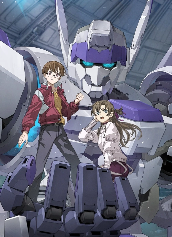 巨大なロボットの手のひらに立つ少年と少女