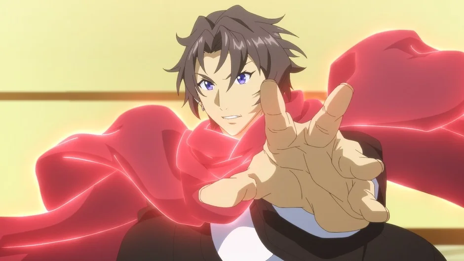 赤い布をなびかせ、右手を前方に差し出すアニメの男性キャラクター